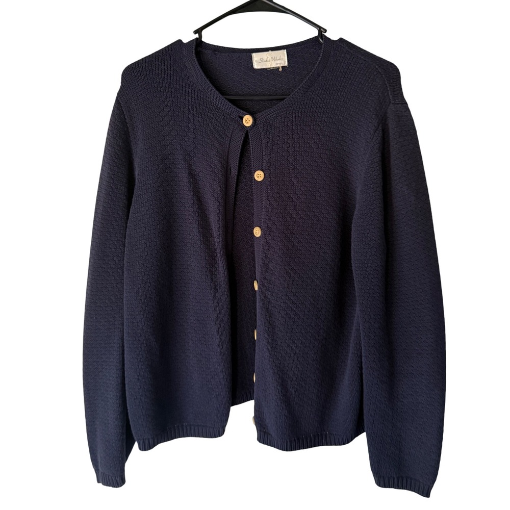 Studio Works Vintage Petite Navy Blue Knit Cardigan Sweater Button Cabin Cottage